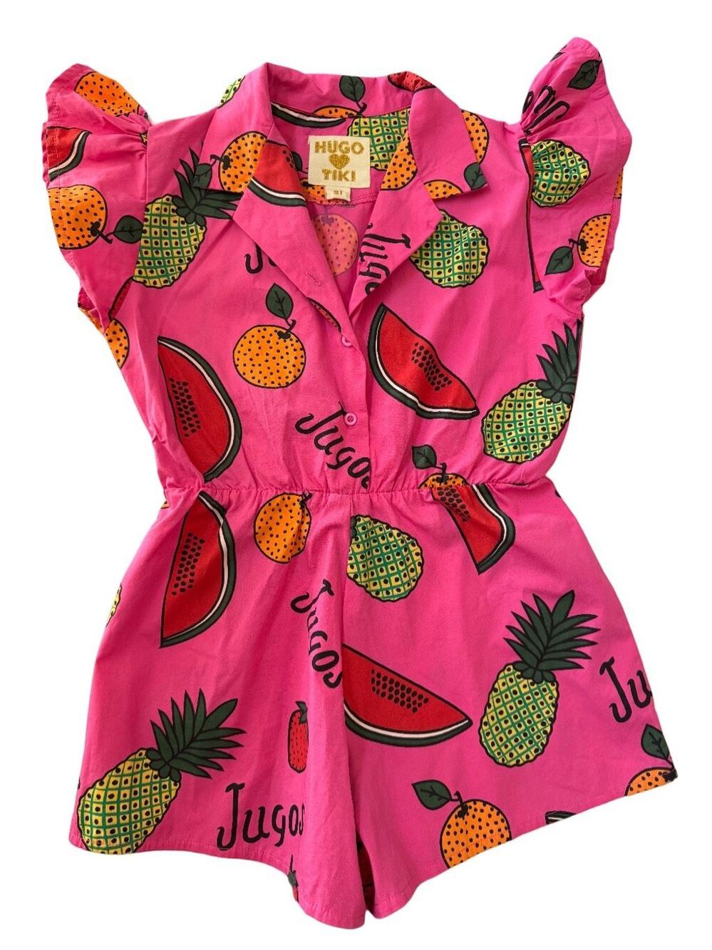 Hugo loves Tiki 8 year girls 100% organic cotton hot pink fruit shorts romper tr